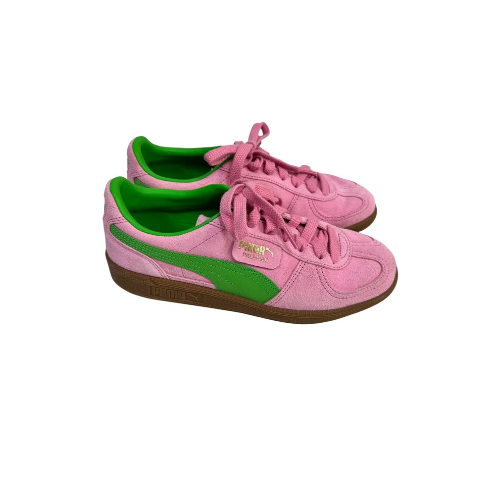 Puma Palermo Pink Delight Green Glimmer Suede Sneakers 397858-01 Gum Sole 8.5